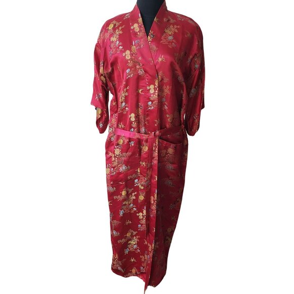 Vintage Other - Vintage Red Embroidered Long Kimono Robe with Belt Made in China